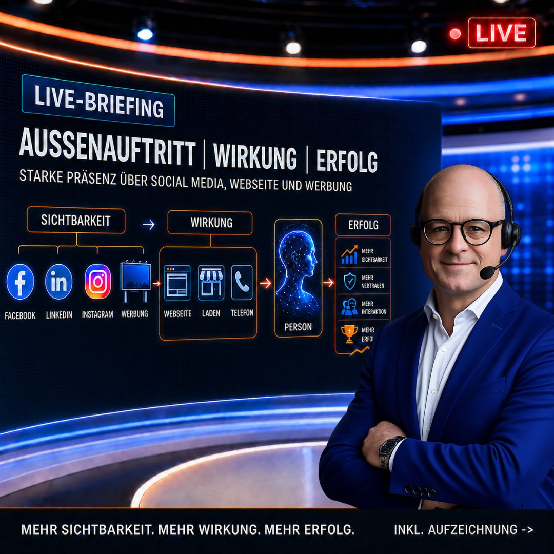 Dr. Michael Hartschen im Live-Briefing-Studio: Aussenauftritt, Wirkung, Erfolg über Social Media, Webseite und Werbung