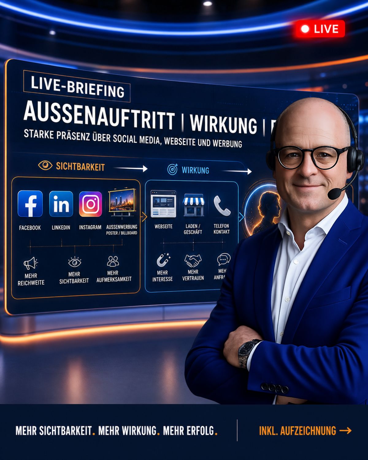 Dr. Michael Hartschen im Live-Briefing-Studio: Aussenauftritt, Wirkung, Erfolg über Social Media, Webseite und Werbung