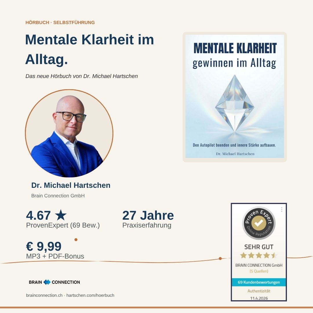 Promo-Bild Mentale Klarheit gewinnen im Alltag mit Cover, Portrait von Dr. Michael Hartschen und Vertrauens-Kennzahlen: 4.67 Sterne ProvenExpert, 27 Jahre Praxiserfahrung, € 9,99